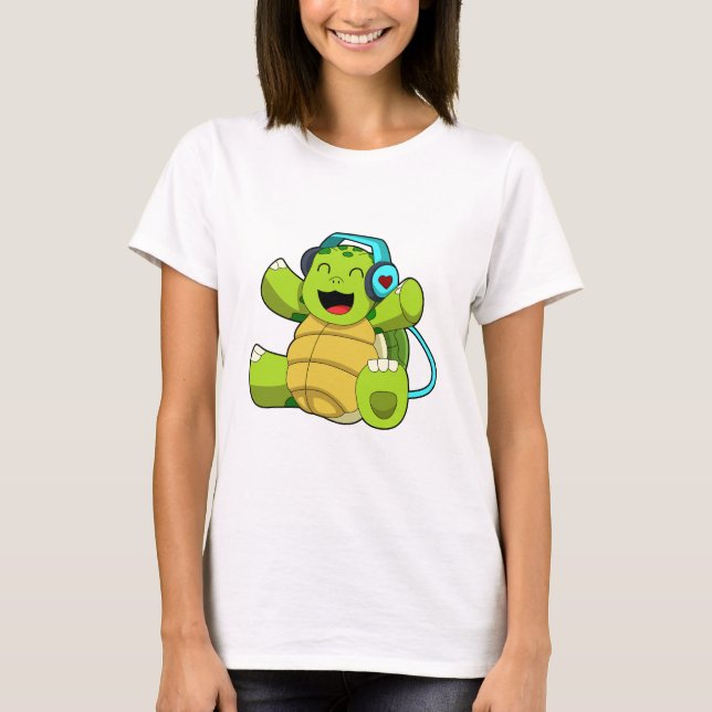 Turtle at Music mit Headphone T-Shirt (Vorderseite)
