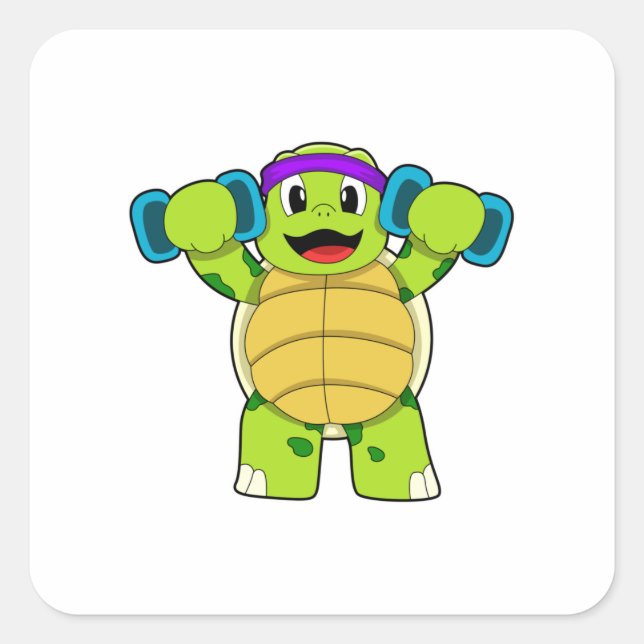 Turtle at Strength Training & Dumbells Quadratischer Aufkleber (Vorderseite)
