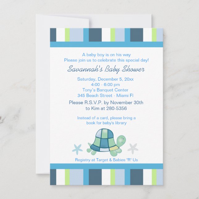 Turtle Bay Streifen Boy Baby Dusche Einladung (Vorderseite)