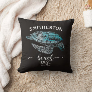 Turtle Black Turquoise Beach House Name Kissen