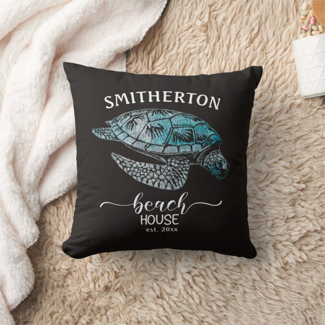 Turtle Black Turquoise Beach House Name Kissen (Decke)