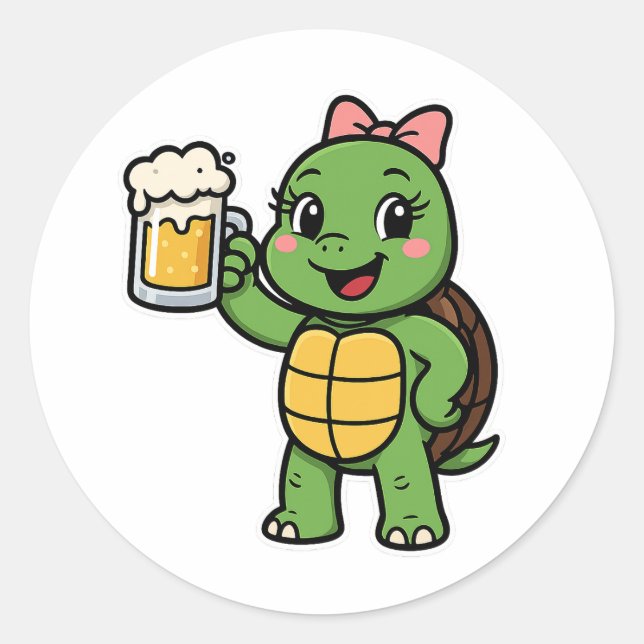 Turtle drinking beer runder aufkleber (Vorderseite)