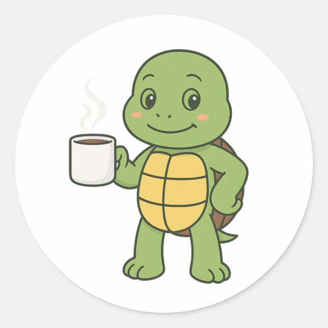 Turtle drinking coffee runder aufkleber (Vorderseite)