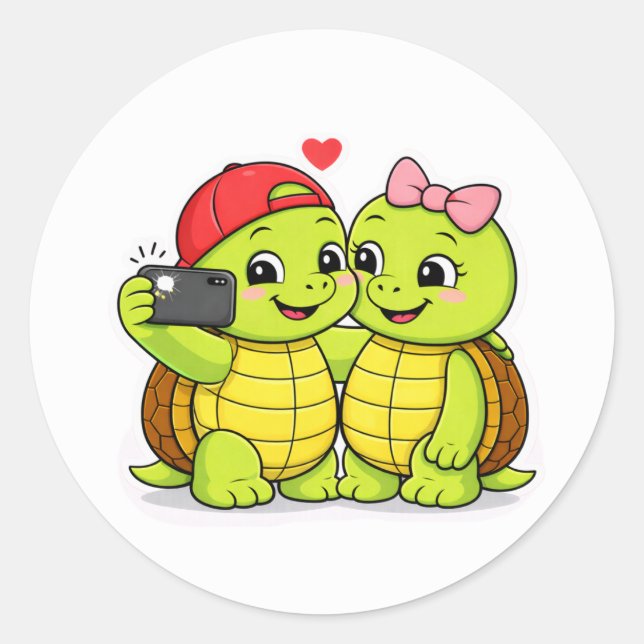 Turtle duo selfie fun runder aufkleber (Vorderseite)