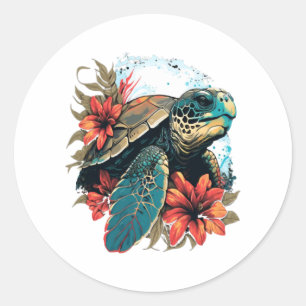 Turtle Hawaiian Sea Turtles Hibiskus Blume Runder Aufkleber