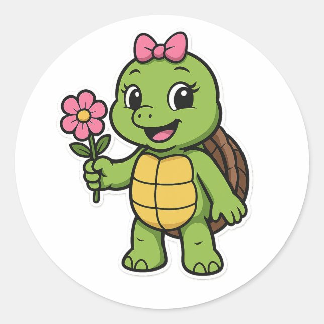 Turtle holding a flower runder aufkleber (Vorderseite)