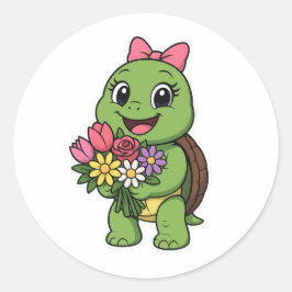Turtle holding a flowers runder aufkleber