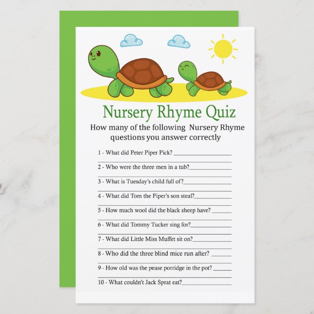 Turtle Kinderzimmer Rhyme Quiz Kinderduschenspiel (Vorne/Hinten)