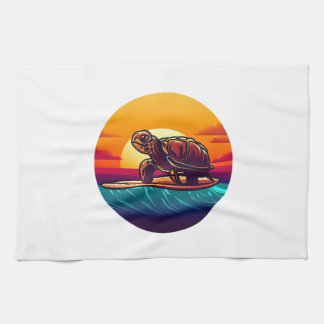Turtle on Surfboard Sunset Geschirrtuch
