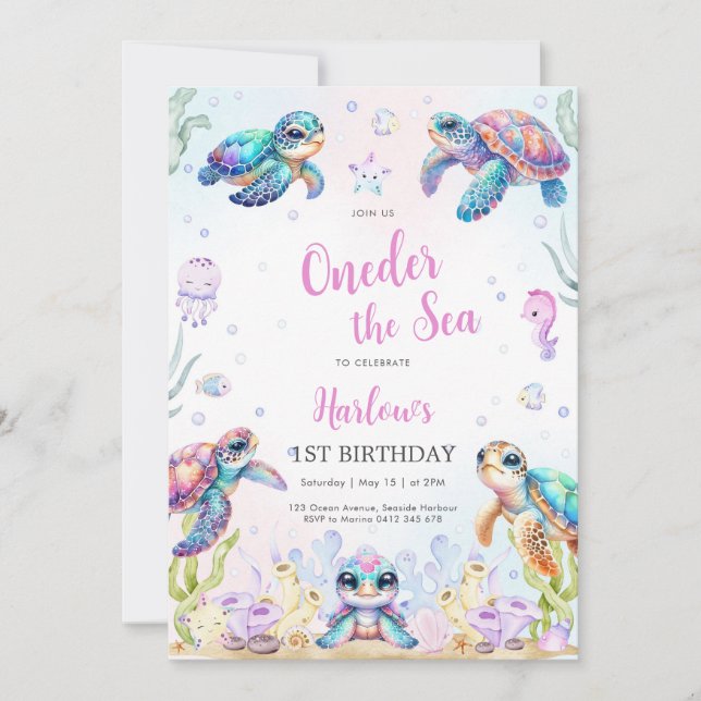 Turtle Oneder The Sea 1st Birthday Invitation Einladung (Vorderseite)