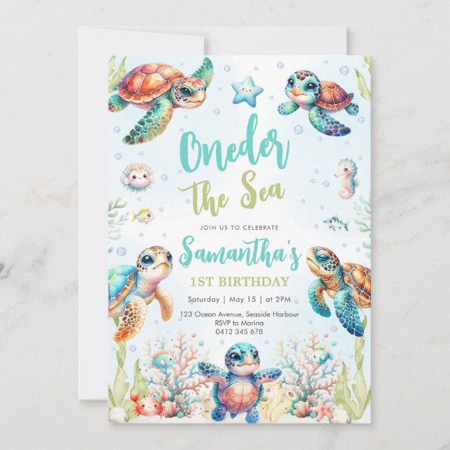 Turtle Oneder The Sea 1st Birthday Invitation Einladung (Vorderseite)