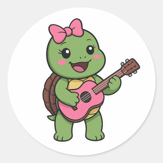 Turtle playing on a guitar runder aufkleber (Vorderseite)