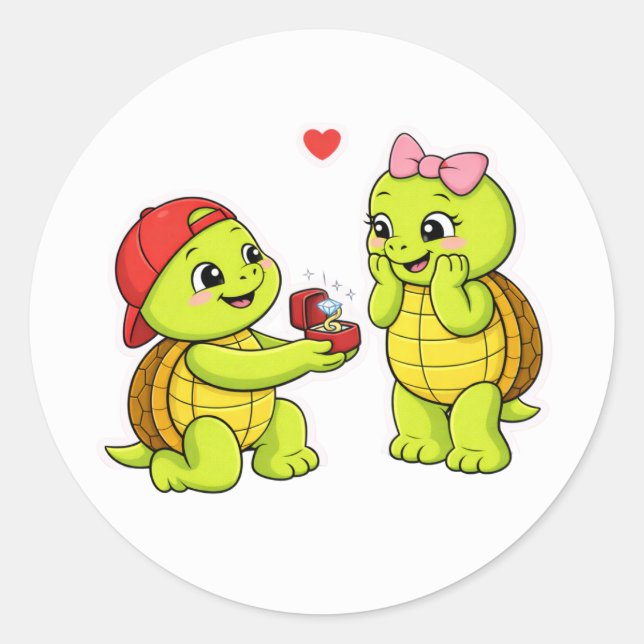 Turtle proposal with engagement ring runder aufkleber (Vorderseite)