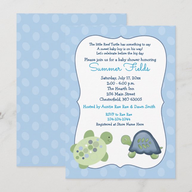 Turtle Reef Blue Dot Boy Baby shower Invitation (Devant / Derrière)
