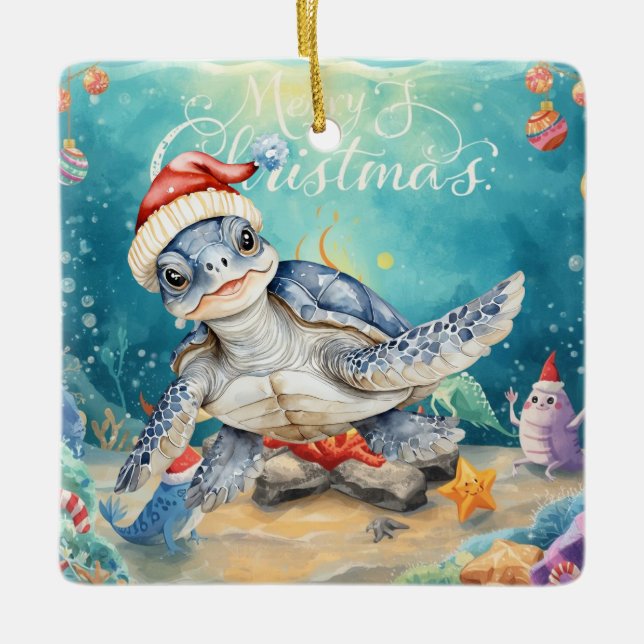 Turtle Santa Hat Under the Sea Christmas Party  Keramikornament (Vorderseite)