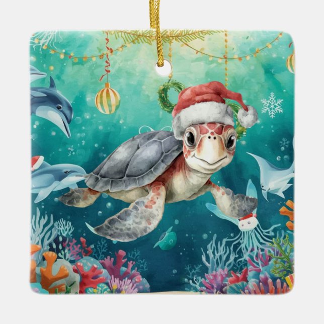 Turtle Santa Hat Under the Sea Christmas Party  Keramikornament (Vorderseite)