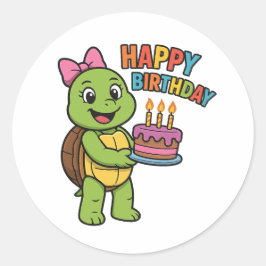 Turtle saying Happy Birthday Runder Aufkleber