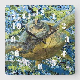 Turtle Splatter Art Quadratische Wanduhr