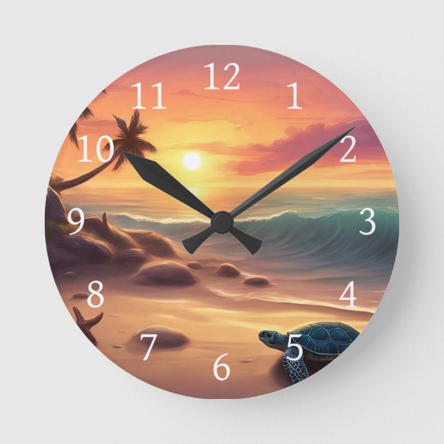 Turtle Starfish Beach Sunset Design 307 Runde Wanduhr (Vorderseite)