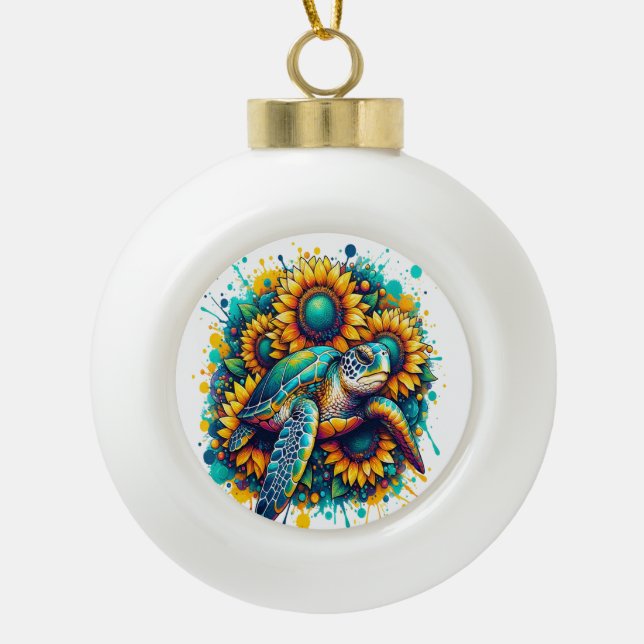 Turtle Sunflower Keramik Kugel-Ornament (Vorderseite)