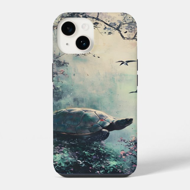 Turtle Tranquility Blossom iPhone 14 Hülle (Rückseite)