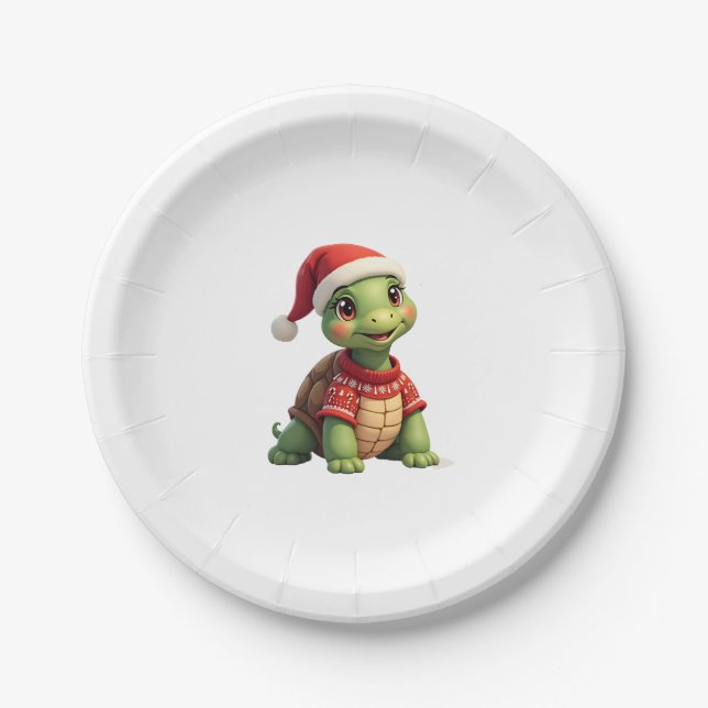 Turtle Ugly Sweater Santa Hat Christmas T-Shirt (1 Pappteller (Vorderseite)