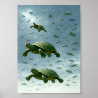 Turtle Wall Art, Happy Turtle in Rain Art Poster