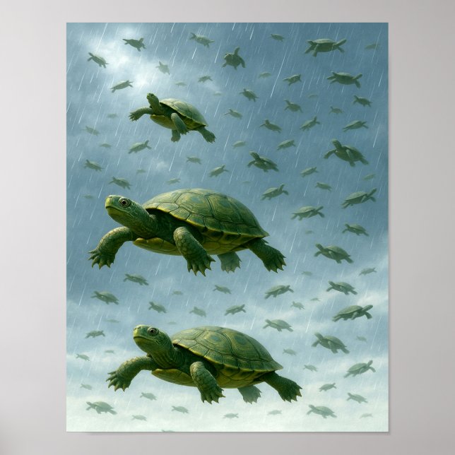 Turtle Wall Art, Happy Turtle in Rain Art Poster (Vorne)