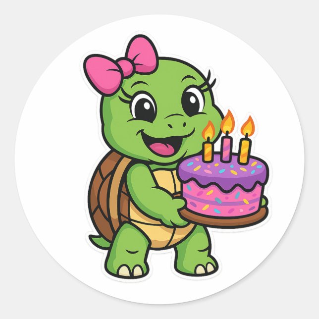 Turtle with birthday cake runder aufkleber (Vorderseite)