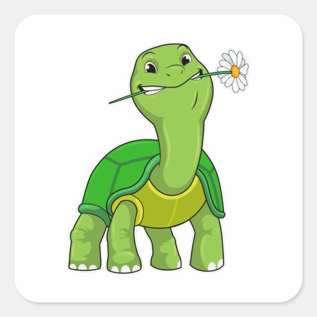 Turtle with Flower Daisy Quadratischer Aufkleber (Vorderseite)