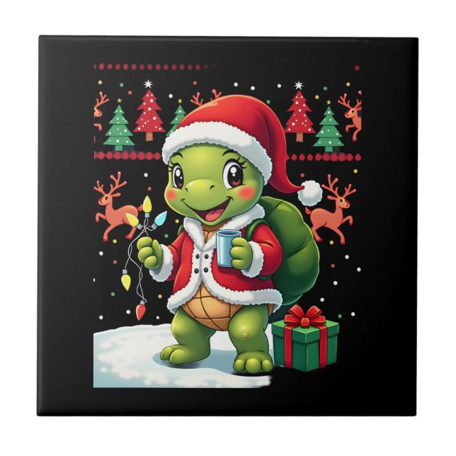 Turtle Xmas Lights Ugly Santa Turtle Christmas Tan Fliese (Vorderseite)