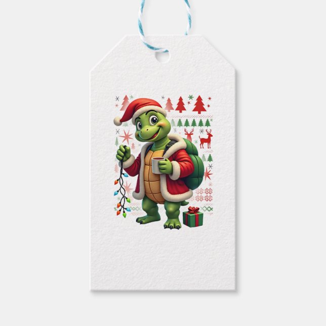 Turtle Xmas Lights Ugly Santa Turtle Christmas Tan Geschenkanhänger (Vorderseite)
