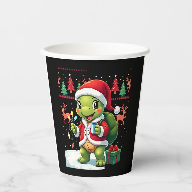 Turtle Xmas Lights Ugly Santa Turtle Christmas Tan Pappbecher (Vorderseite)