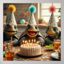 Turtles celebrating birthday with cake and hats