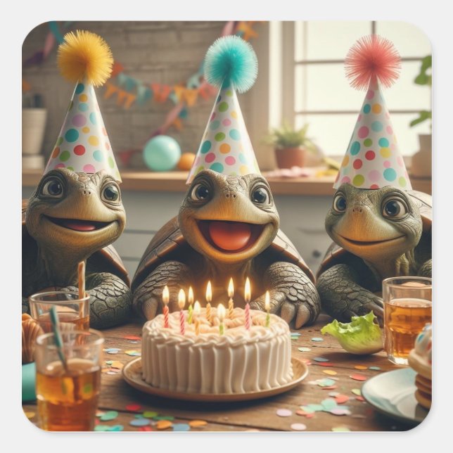 Turtles celebrating birthday with cake and hats quadratischer aufkleber (Vorderseite)
