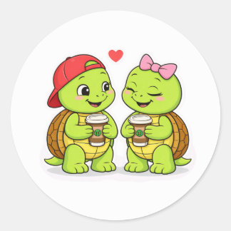 Turtles sharing coffee and smiles runder aufkleber
