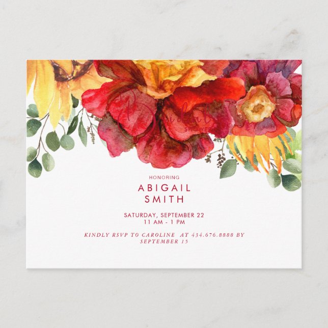 Tuscan Sunflower & Red Peony Brautparty Einladungspostkarte (Vorderseite)