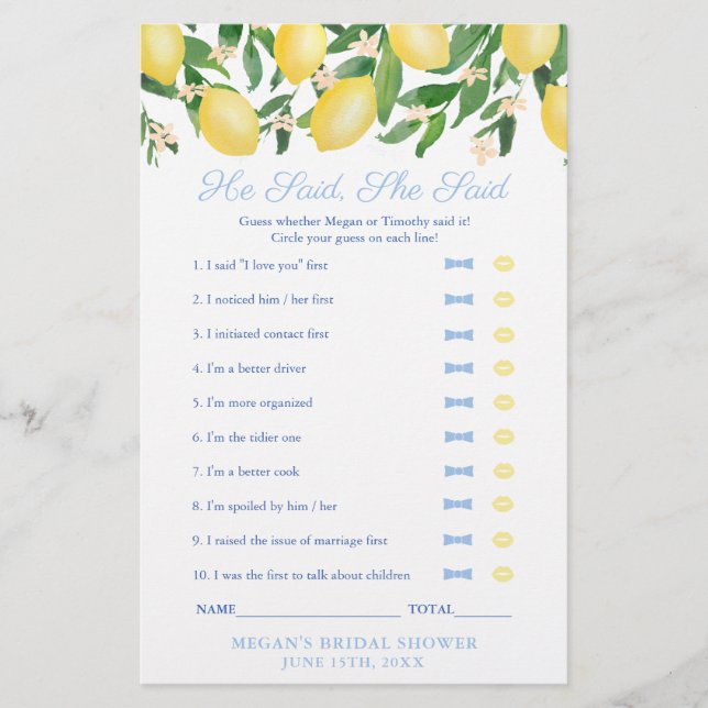 Tuscany Lemon sagte, sie sagte, Polterabend Game Flyer (Vorne)