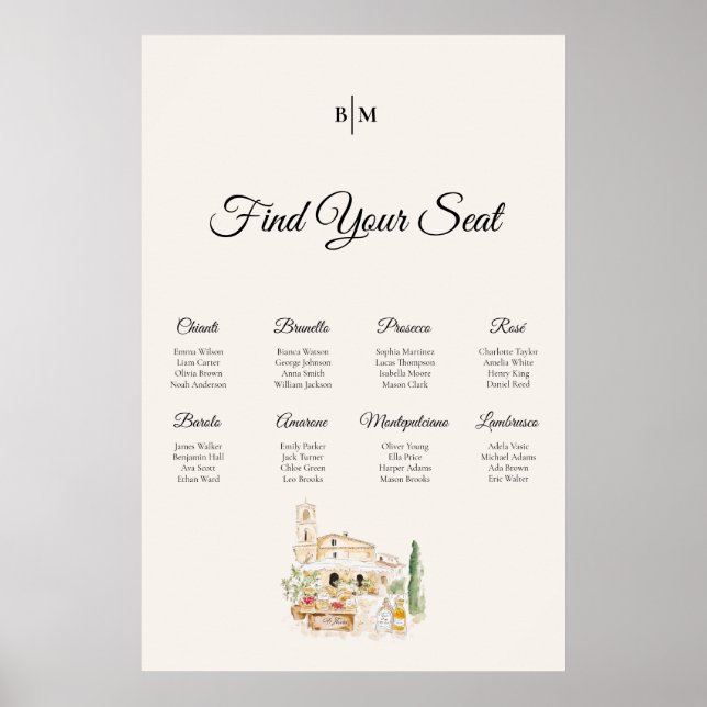 Tuscany Wine Table Wedding Seating Chart Poster (Vorne)