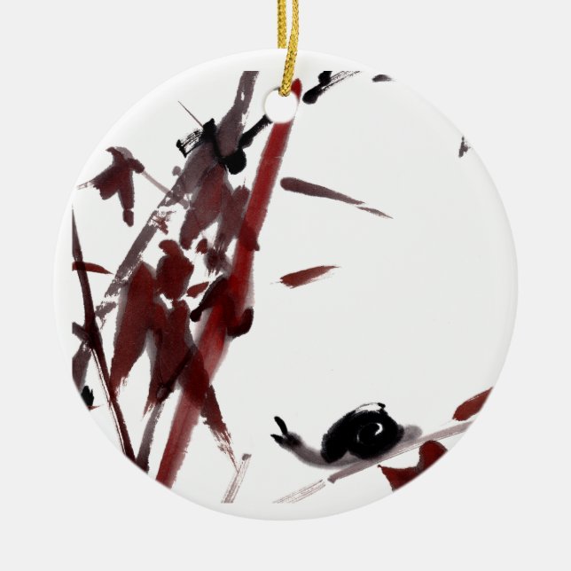 Tuschekunst mit Schnecke und Rotem Bambus Keramik Ornament (Vorne)