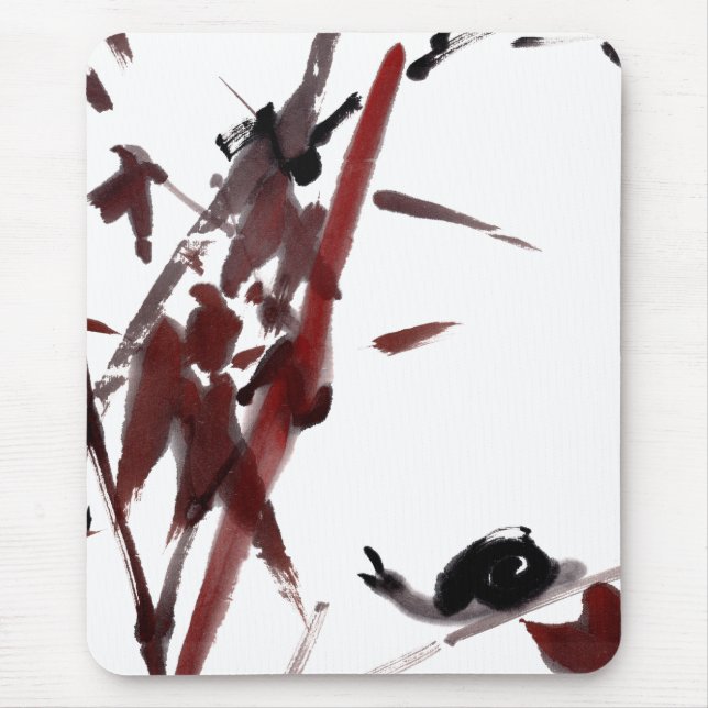 Tuschekunst mit Schnecke und Rotem Bambus Mousepad (Vorne)