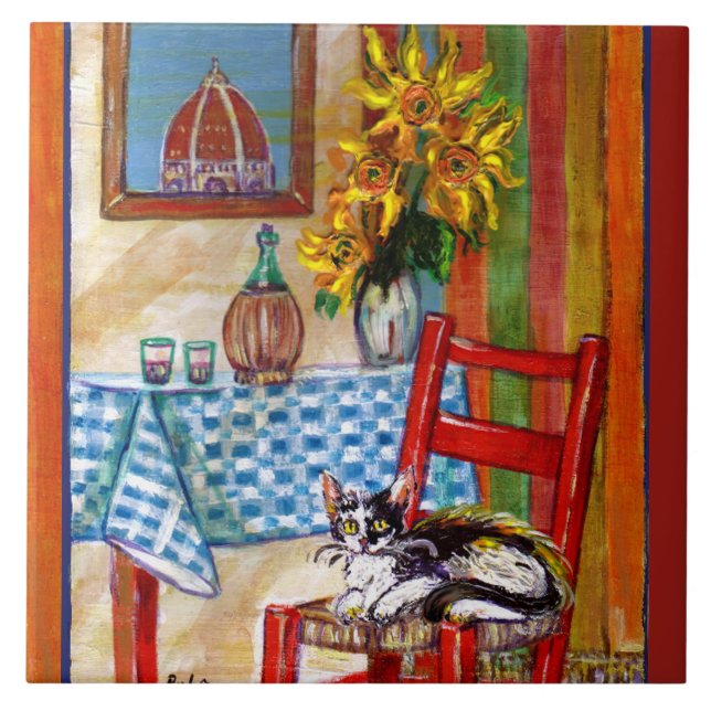 TUSKANIE KÜCHE KATZE, SONNENBLUMEN WEINGLASEN FLIESE (Vorderseite)