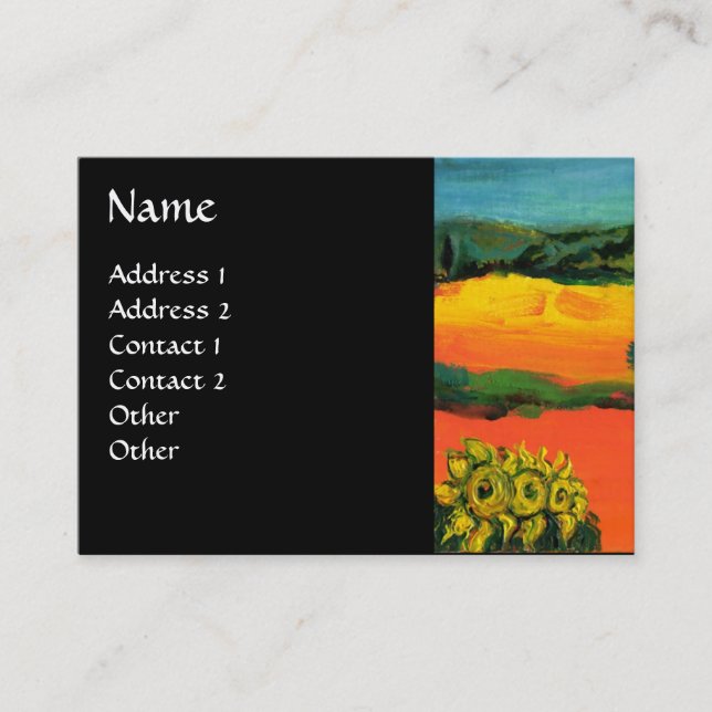 TUSKANISCHE LANDSCHAFT MIT SONNENBLUMEN, schwarz Visitenkarte (Vorderseite)