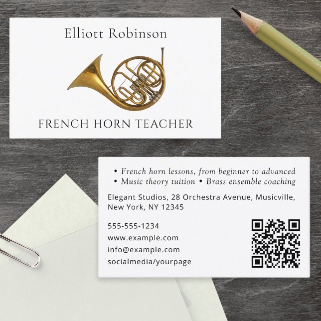Tutor der Musikinstrumentalmusik des französischen Visitenkarte (A stylish business card for a French Horn teacher, with horn picture, custom text and QR code)
