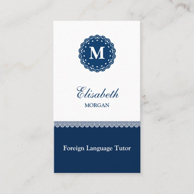 Tutor für Fremdsprachen Elegant Blue Lace Monogram Visitenkarte (Vorderseite)