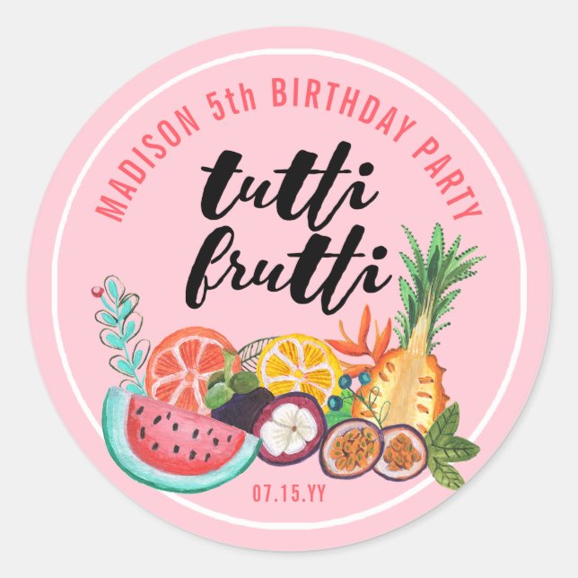 Tutti Frutti Pink mädchenfrucht zeichnend Runder Aufkleber (Vorderseite)