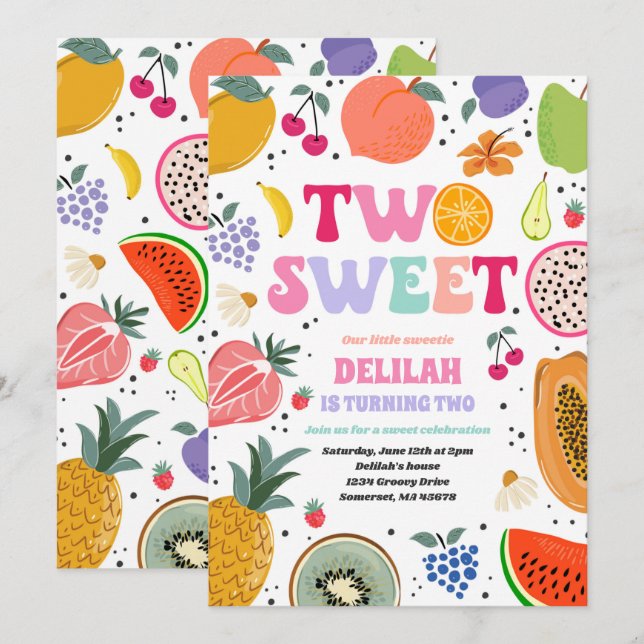 Tutti Frutti Tropical Summer Two Sweet Birthday Einladung (Vorne/Hinten)