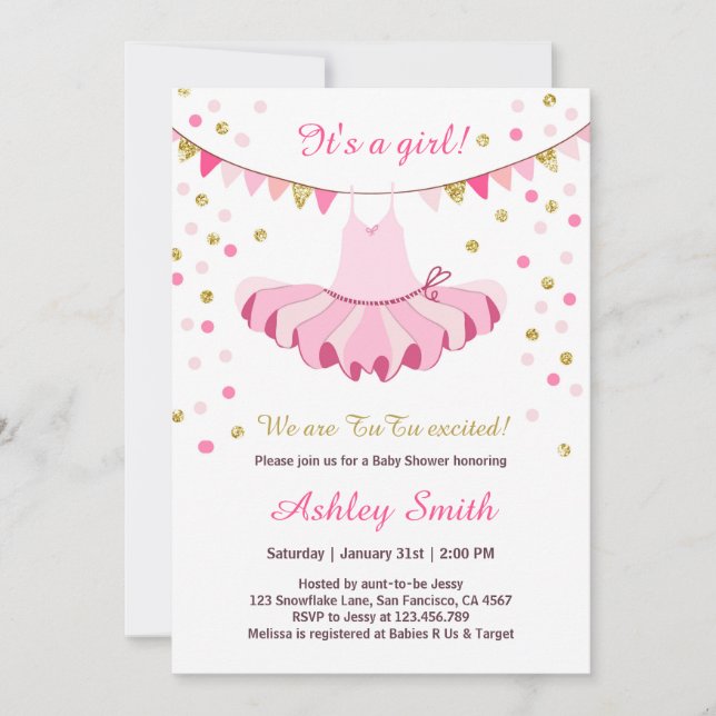 TuTu Baby Shower Invitation Girl Pink Gold Glitter Einladung (Vorderseite)