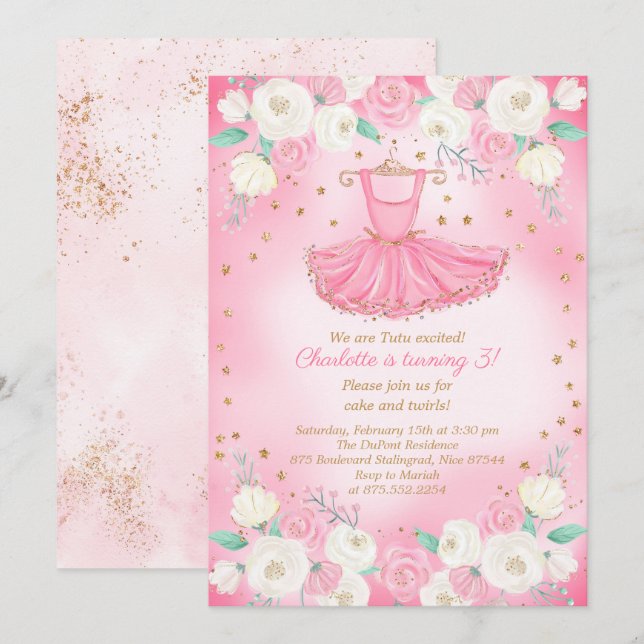 Tutu Ballerina Dress Glitzer Geburtstag Einladung (Vorne/Hinten)