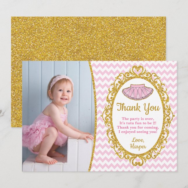 Tutu Birthday Danke Karte | Rosa und Gold (Vorne/Hinten)